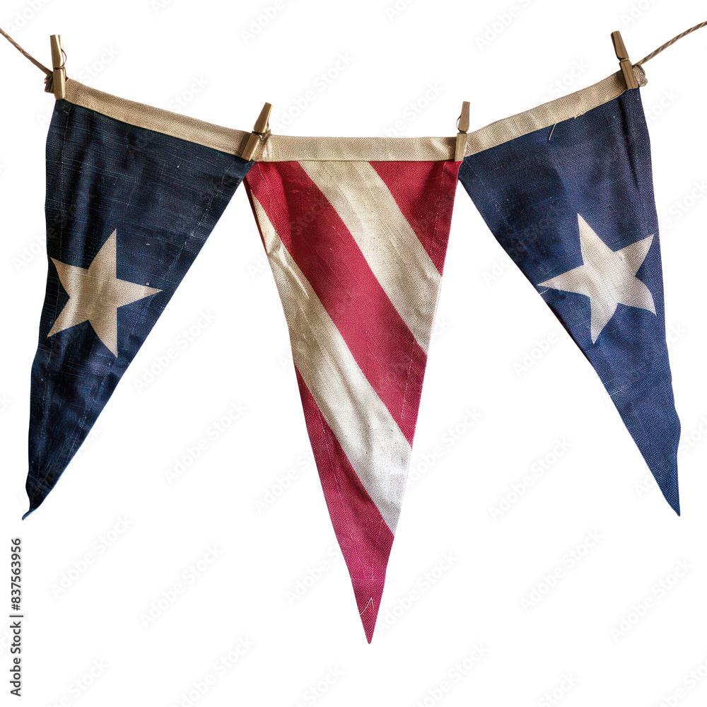 Obraz premium Patriotic triangular fabric flags featuring stars and stripes, ideal for Americana-themed decor or Fourth of July celebrations. transparent backgrounds