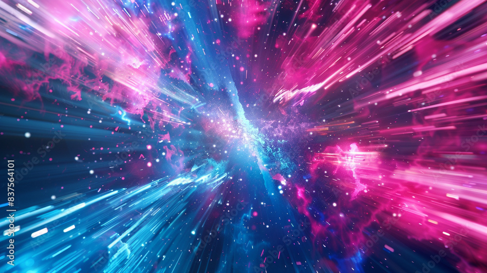 Fototapeta premium Abstract pink blue light trail creative cosmic background. Explosion