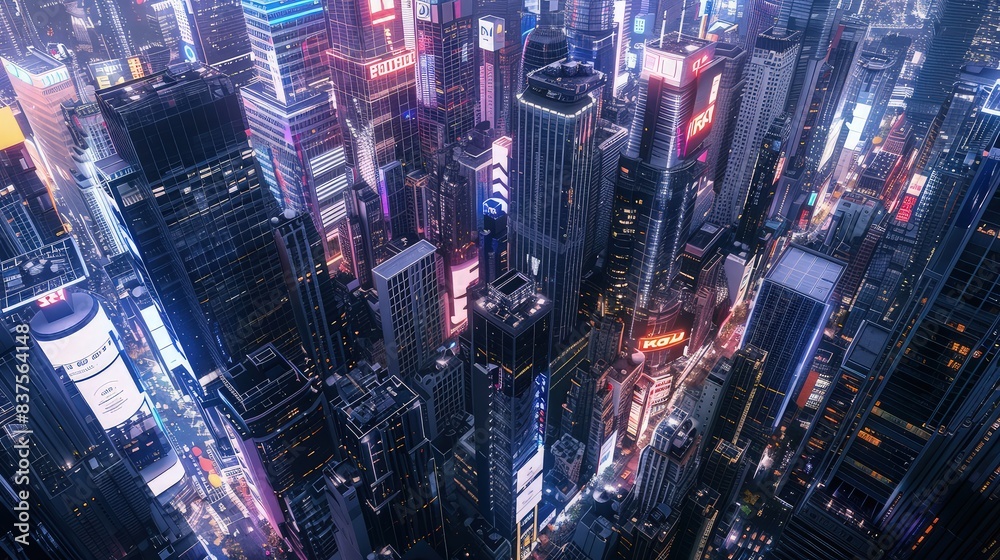 A bustling cityscape at day with neon lights illuminating modern skyscrapers, viewed from above A bustling cityscape at day with neon lights illuminating modern skyscrapers, viewed from above