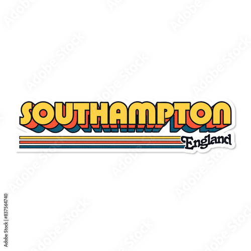 Cool vector striker design with the city name Southampton, England, in a retro 70s font style with grunge texture