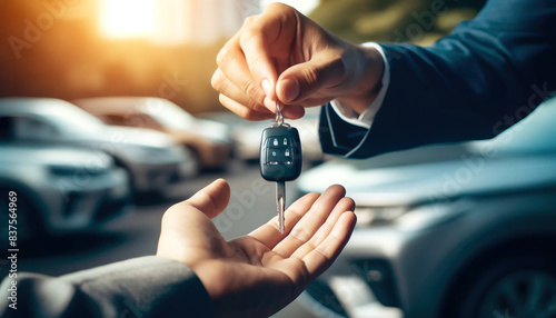 Close-up of a businessman handing over car keys to a customer at a dealership, symbolizing a new purchase.