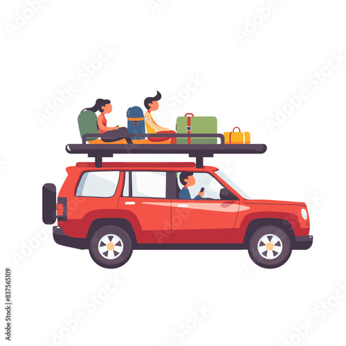 A red SUV with luggage on the roof rack, carrying two people inside and outside in a flat vector style