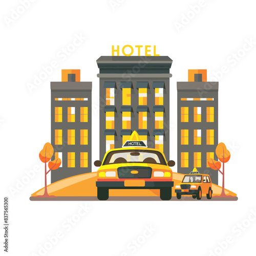 flat vector illustration of a hotel with a yellow taxi in front, simple design with a yellow color palette using simple shapes