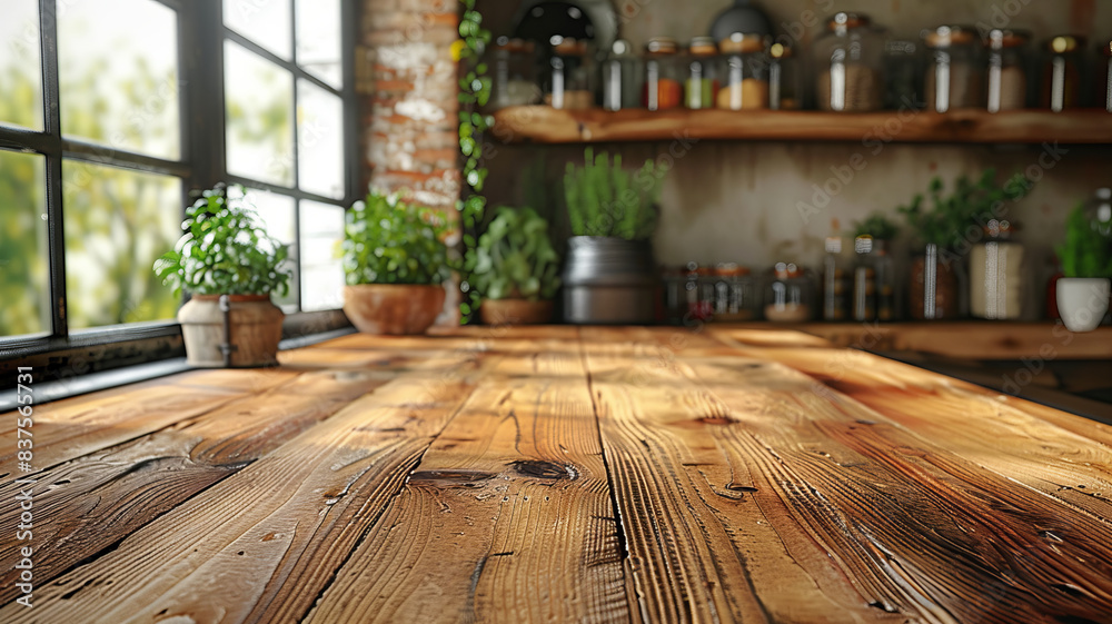 Wood table top on blurred kitchen background. can be used mock up for montage products display or design layout.generative ai Wood table top on blurred kitchen background. can be used mock up for montage products display or design layout.generative ai