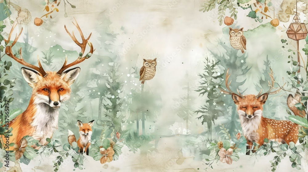 A collection of scrapbook papers inspired by woodland themes, including foxes, deer, and owls. Soft watercolor backgrounds blend into the natural elements, creating a whimsical forest ambiance. A collection of scrapbook papers inspired by woodland themes, including foxes, deer, and owls. Soft watercolor backgrounds blend into the natural elements, creating a whimsical forest ambiance.