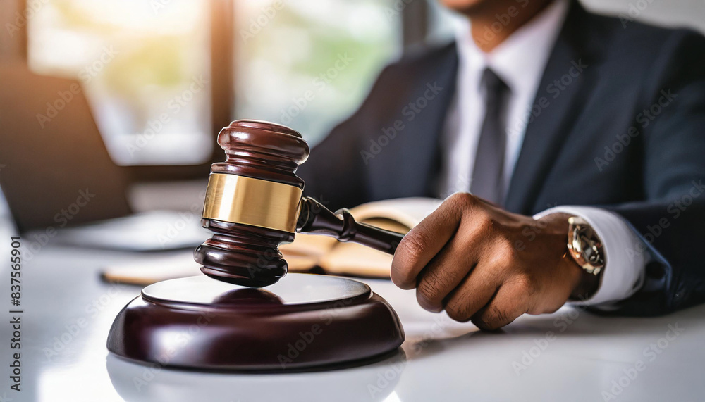 wooden judge's gavel and block on a white table symbolize justice and authority, with a blurred lawyer's hand in the office background, representing legal work and the judicial process wooden judge's gavel and block on a white table symbolize justice and authority, with a blurred lawyer's hand in the office background, representing legal work and the judicial process