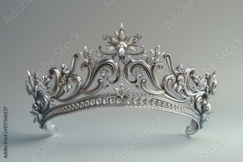 Elegant silver tiara with intricate design and precious stones, perfect for royalty or special events, isolated on a soft, neutral background.