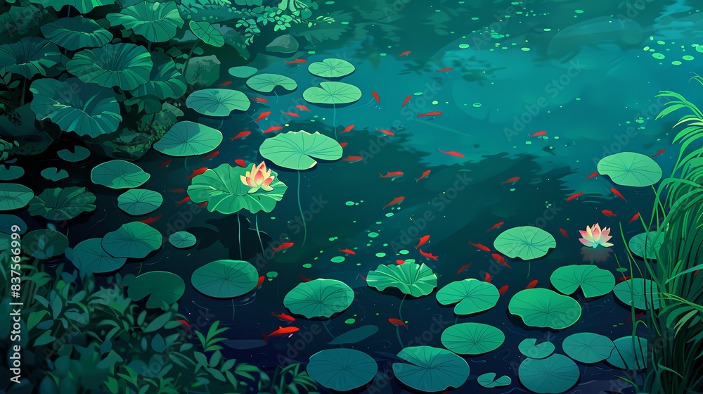 lotus leaves on the lake and little red fish illustration poster background
lotus leaves on the lake and little red fish illustration poster background