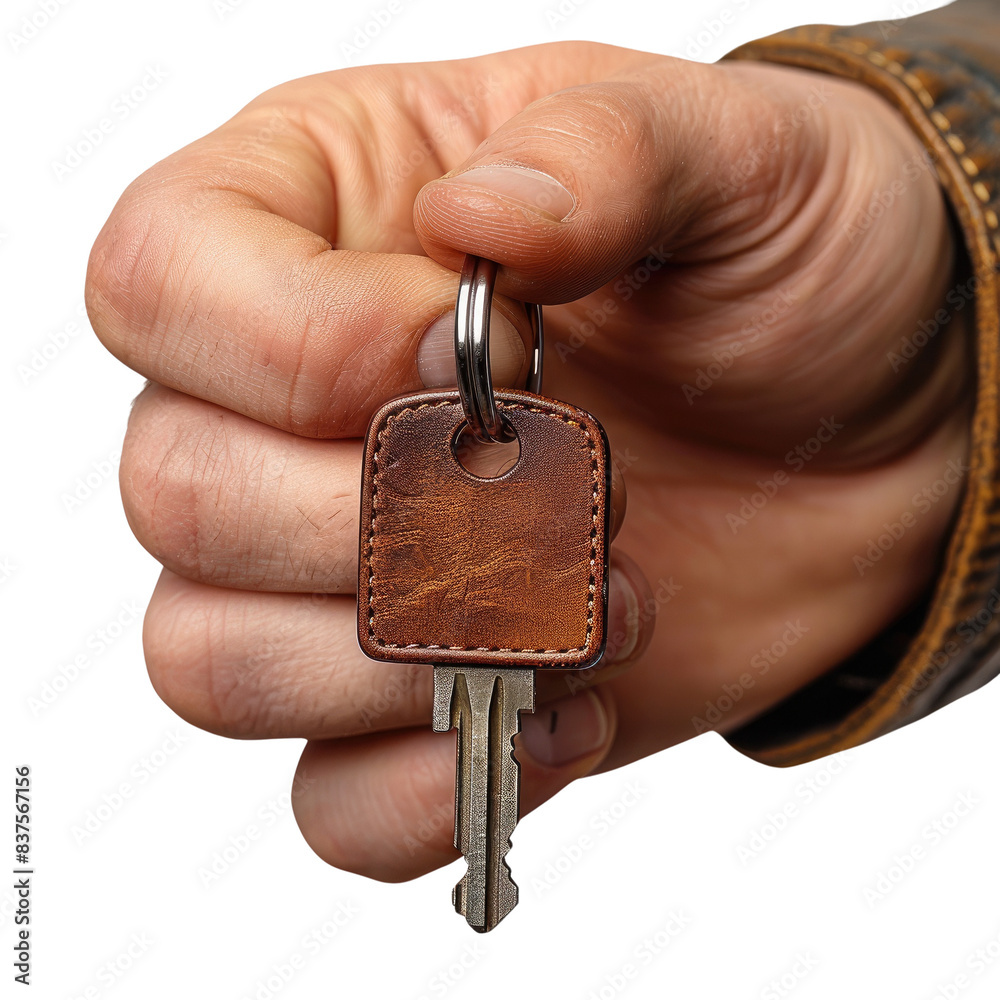 Obraz premium Close-up of a hand holding a key with a leather keychain, representing security, access, and ownership., transparent background