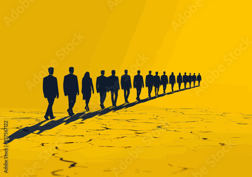 Silhouetted Business Team Walking in Desert Landscape, Symbolizing Dilemma and Decision-Making, Minimalistic Vector Illustration on Yellow Background