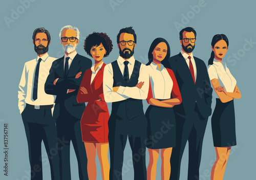 Leader and Diverse Expert Team in Business Attire Standing Confidently in Minimalistic Vector Illustration. Professionalism and Teamwork Concept for Corporate Success and Leadership.