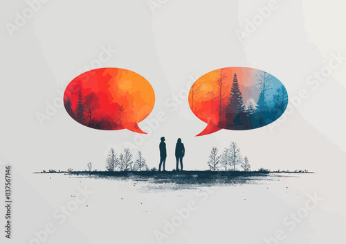 Negotiation and Unity: Abstract Silhouettes of Two People with Vibrant Speech Bubbles Representing Agreement Concept in Minimalistic Setting, Daytime Illustration