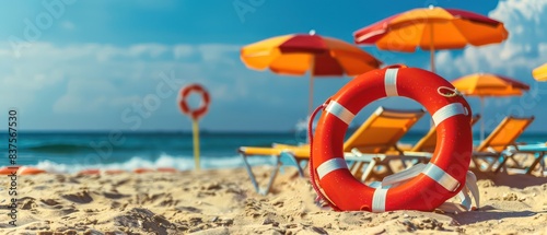 beach life guard equipment, Lifebuoys, rescue tubes, and first aid kits essential for beach lifeguards in emergency situations photo