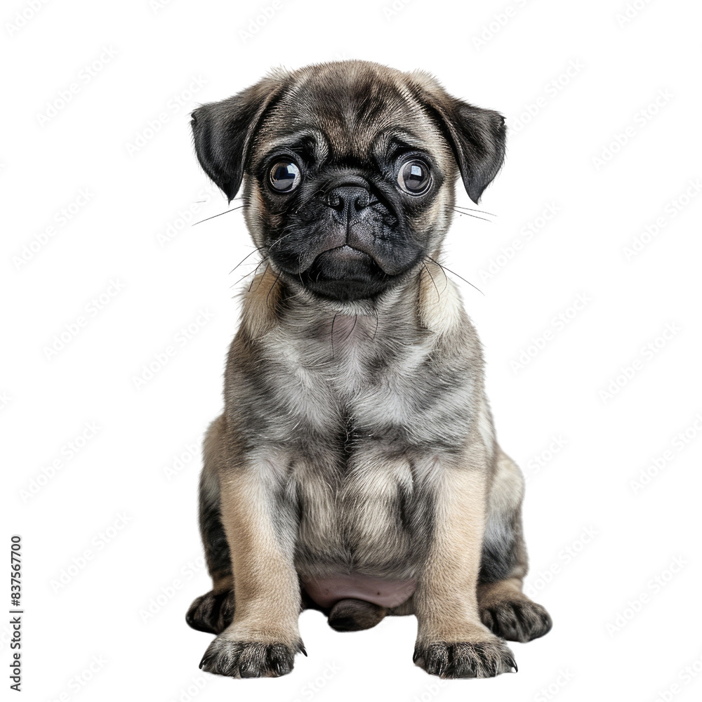Adorable pug puppy sitting and looking at the camera with big expressive eyes. Perfect for pet lovers and dog-themed projects., transparent background Adorable pug puppy sitting and looking at the camera with big expressive eyes. Perfect for pet lovers and dog-themed projects., transparent background