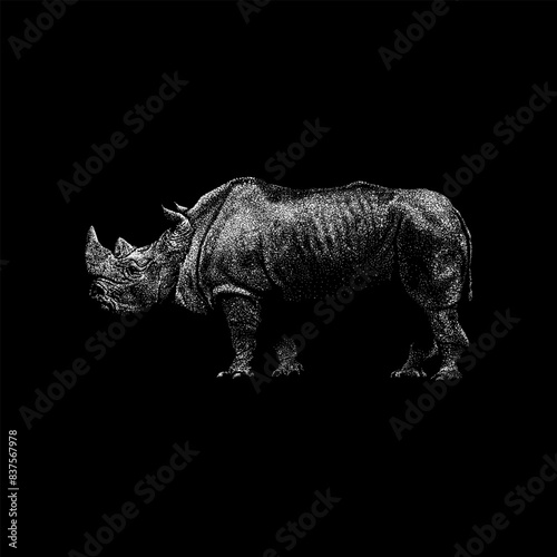 White Rhinoceros hand drawing vector isolated on black background.