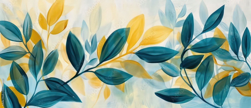 blue yellow leaves are painted on white background blue yellow leaves are painted on white background