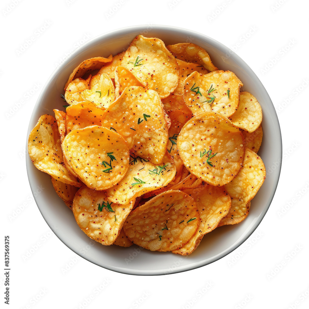 Delicious and crispy potato chips served in a white bowl, perfect for snacks and appetizers at any party, gathering, or casual meal., transparent background Delicious and crispy potato chips served in a white bowl, perfect for snacks and appetizers at any party, gathering, or casual meal., transparent background