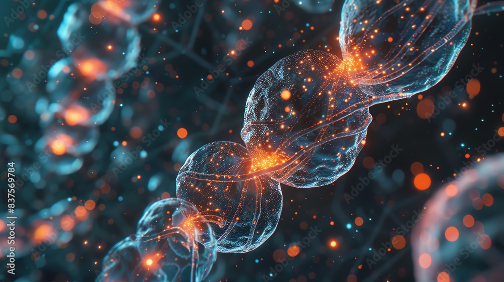 A futuristic 3D model of cells with glowing DNA strands, depicting ...
