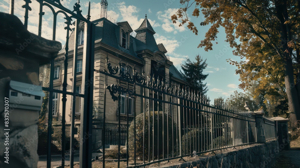 old mansion with a metal fence