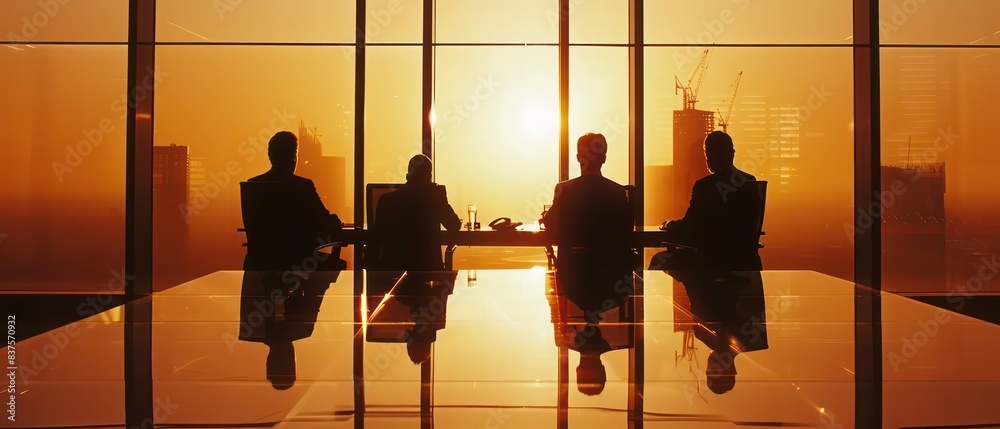 silhouette of business men in an office, reflecting on their success and future plans silhouette of business men in an office, reflecting on their success and future plans