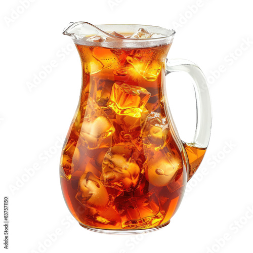 Refreshing iced tea in a clear glass pitcher filled with ice cubes, isolated on a white background. Perfect for summer beverages., transparent background