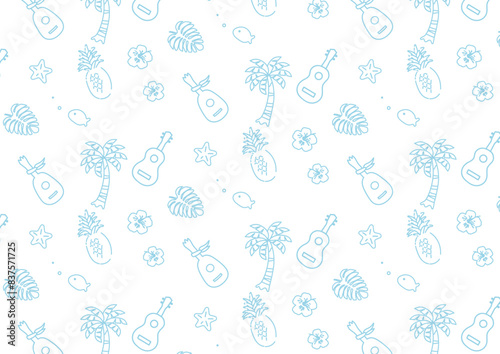 夏イメージのかわいいアイコン線画_シームレス白背景