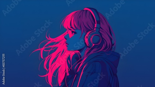 Beautiful Lofi girl with headphones in the style of anime manga, pink and blue aesthetic 