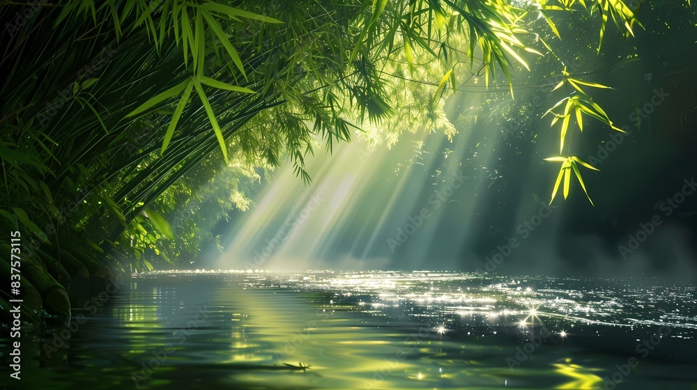 A bamboo forest by the stream and sunlight illustration poster background A bamboo forest by the stream and sunlight illustration poster background