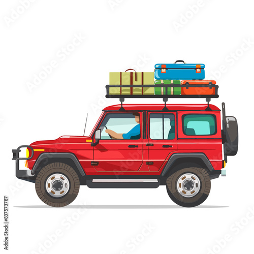 A red SUV with luggage on the roof is depicted in the style of a cartoon vector illustration