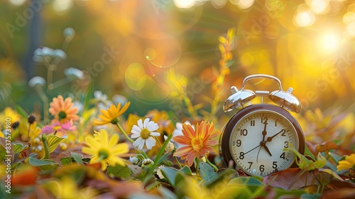 Daylight Saving Time Ends: Alarm Clock with Summer Flowers and Autumn Leaves, Marking the Transition from Summer to Fall