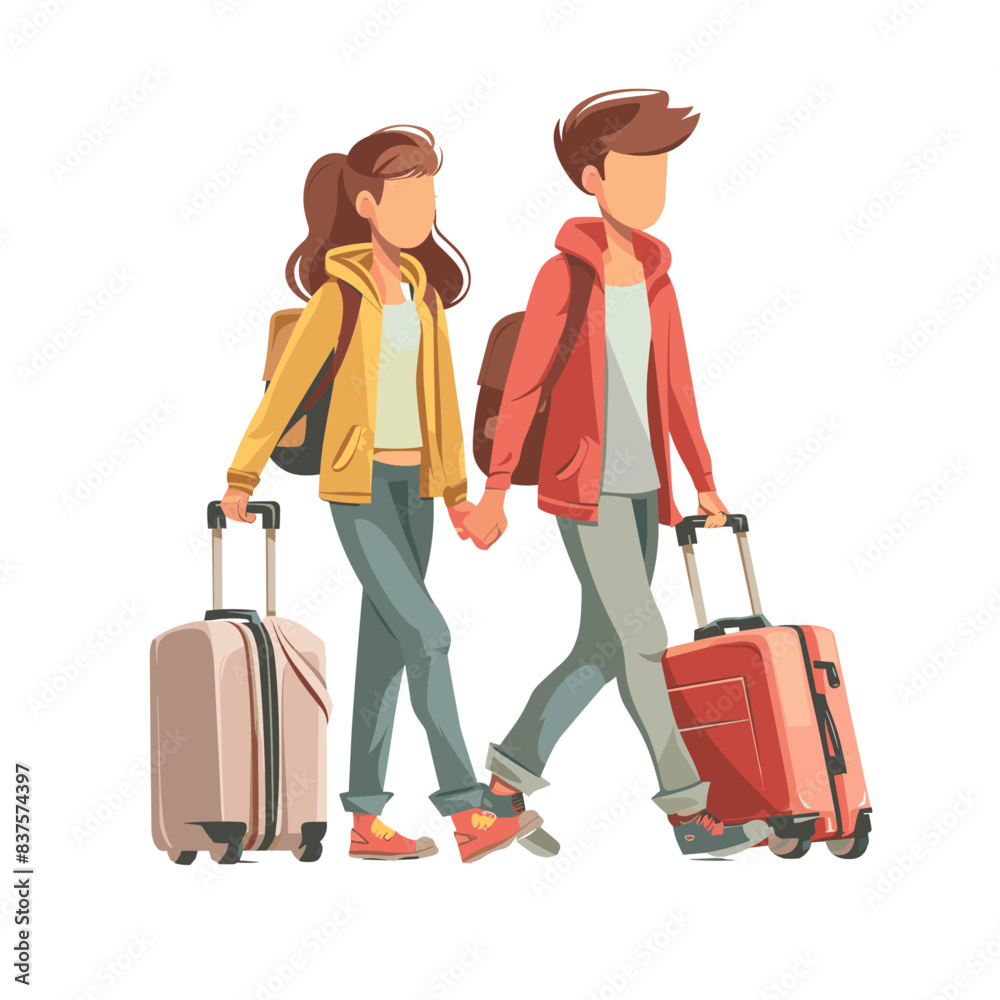 A couple is traveling, holding hands and pulling suitcases behind them. The girl wears a fashionable A couple is traveling, holding hands and pulling suitcases behind them. The girl wears a fashionable