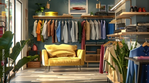 Inside a women's and men's clothing store, 3D illustration