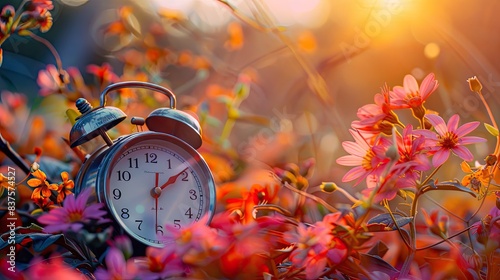 Daylight Saving Time Ends: Alarm Clock with Summer Flowers and Autumn Leaves, Marking the Transition from Summer to Fall photo