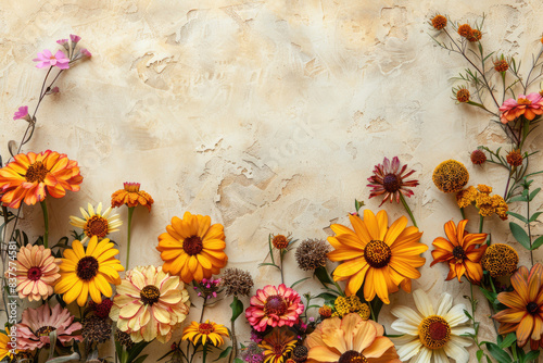 Rustic flowers with earthy tones on a cream background