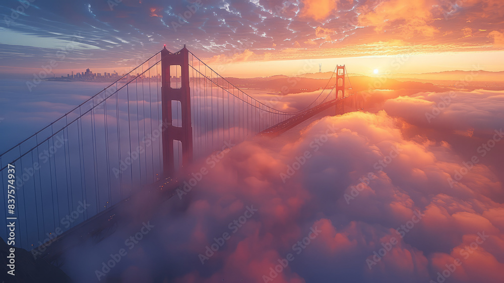 Obraz premium Golden Gate at dawn surrounded by fog,generative ai
