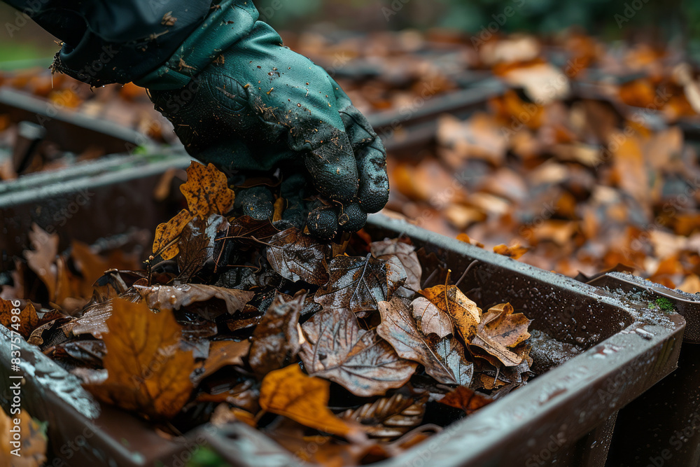 Gardener in gloves empties cut leaves into a brown waste bin, leaves captured mid-fall,generative ai Gardener in gloves empties cut leaves into a brown waste bin, leaves captured mid-fall,generative ai