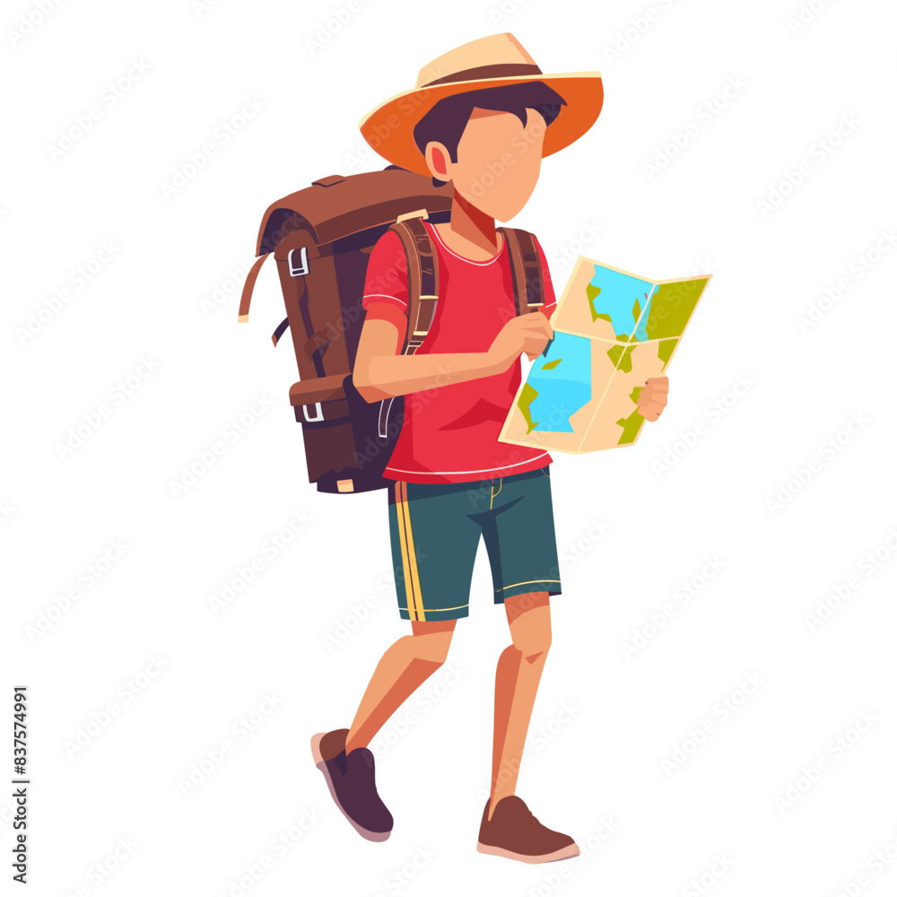 A man with a hat and map in his hand, in the style of a cartoon vector illustration A man with a hat and map in his hand, in the style of a cartoon vector illustration