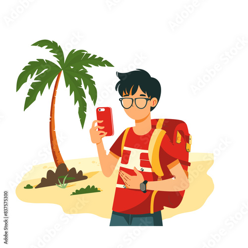 A young man in glasses, dressed as an Asian university student wearing red and carrying