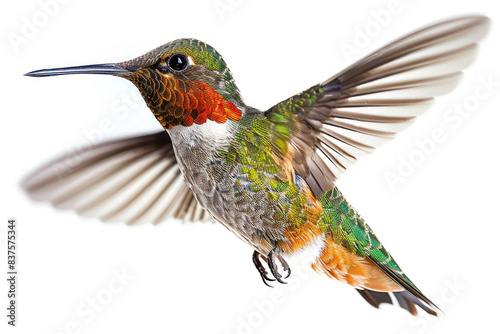 A hummingbird hovering in mid-air, wings blurred, isolated on a white background © Venka