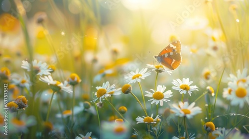 Beautiful butterflies and flowers along the spring meadow. Soft sunlight. photo