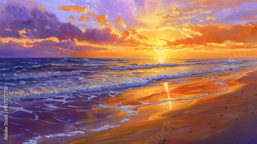 A mesmerizing oil painting of a serene beach at sunset  with vivid oranges and purples blending in the sky  reflecting off the gentle waves and pristine sands.