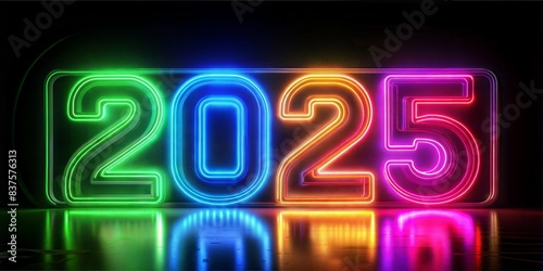 A glowing neon colored number “2025” on a black background 