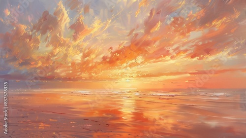 A stunning oil painting capturing a sunset at a serene beach  with a sky full of fiery oranges and soft pinks  and the clear sand glowing under the gentle  fading sunlight.