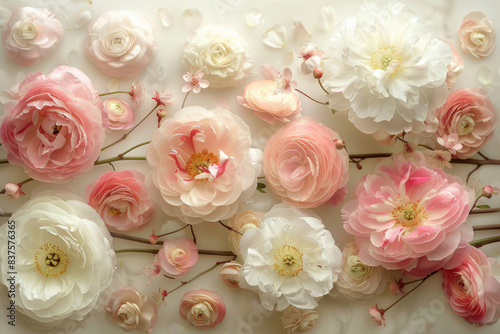 Soft pink and white flowers on a cream background