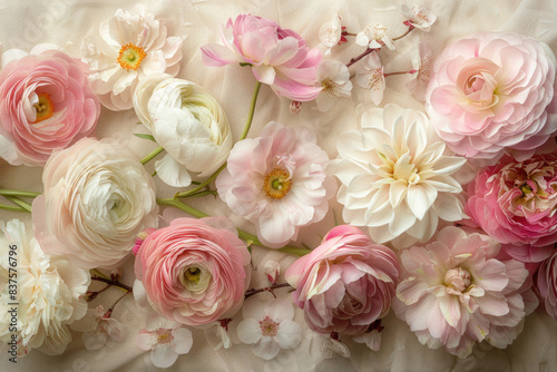 Soft pink and white flowers on a cream background