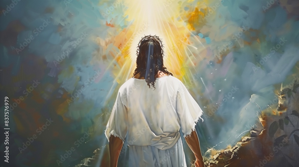 Fototapeta premium An awe-inspiring oil painting depicting Jesus Christ's resurrection from behind, with a radiant sunbeam shining down, symbolizing His divine presence and ascension.