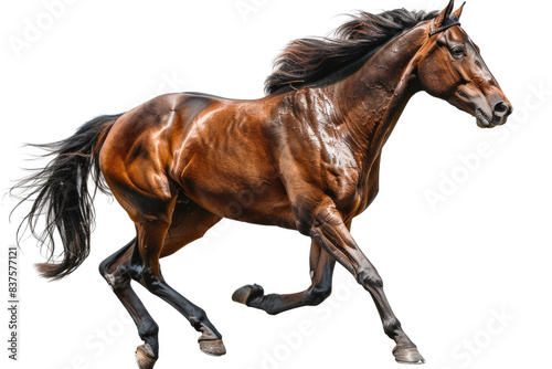 A horse galloping at full speed  mane flowing  isolated on a white background