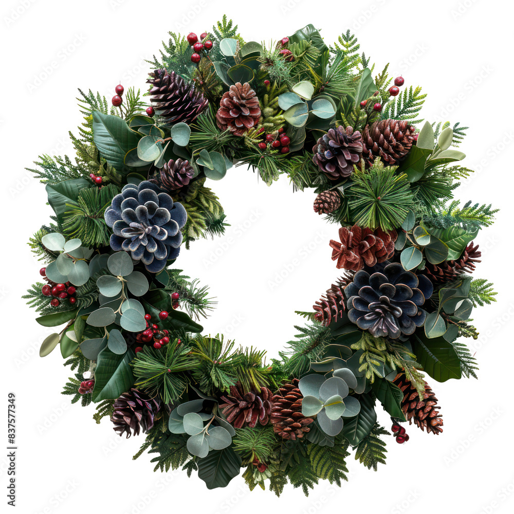 Fototapeta premium Festive holiday wreath with pinecones, greenery, and berries, perfect for Christmas and seasonal decor. transparent backgrounds