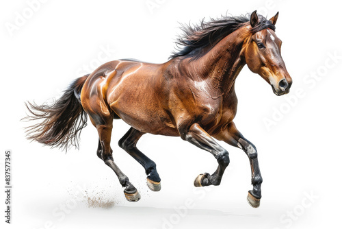 A horse galloping at full speed, mane flowing, isolated on a white background