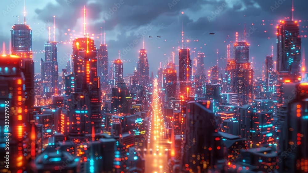 A futuristic smart city with interconnected buildings and autonomous vehicles, vibrant and dynamic, neon lights, cyberpunk style, 3D render A futuristic smart city with interconnected buildings and autonomous vehicles, vibrant and dynamic, neon lights, cyberpunk style, 3D render